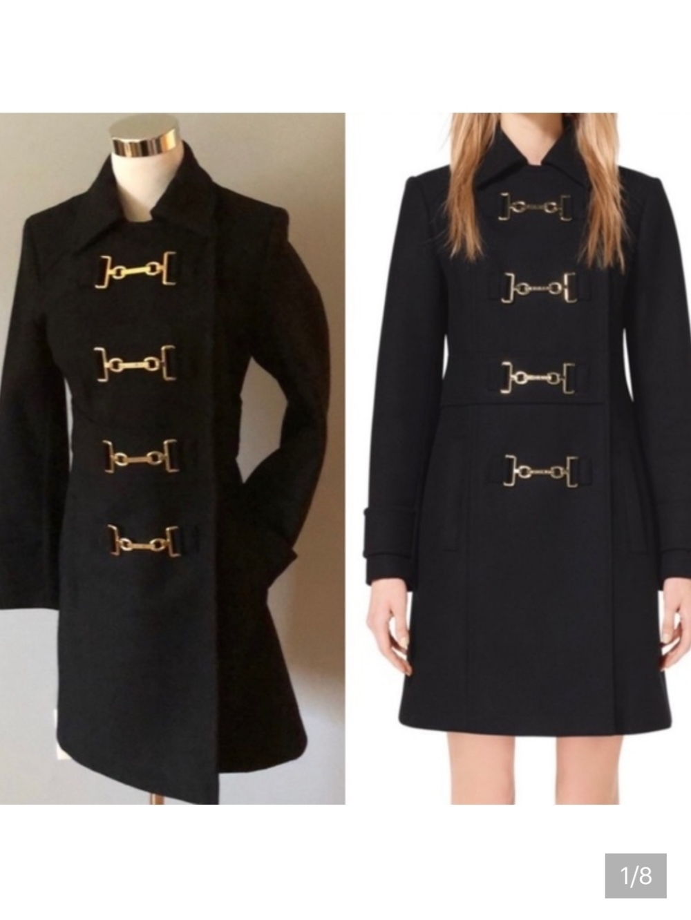 Michael Kors Black Horsebit Buckle Wool Blend Pea Coat